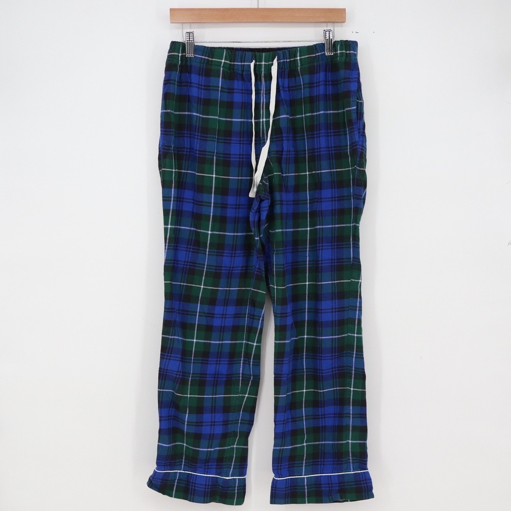 Lands' End Pajama Pants Women M Plaid Blue Green Flannel Drawstring Excellent